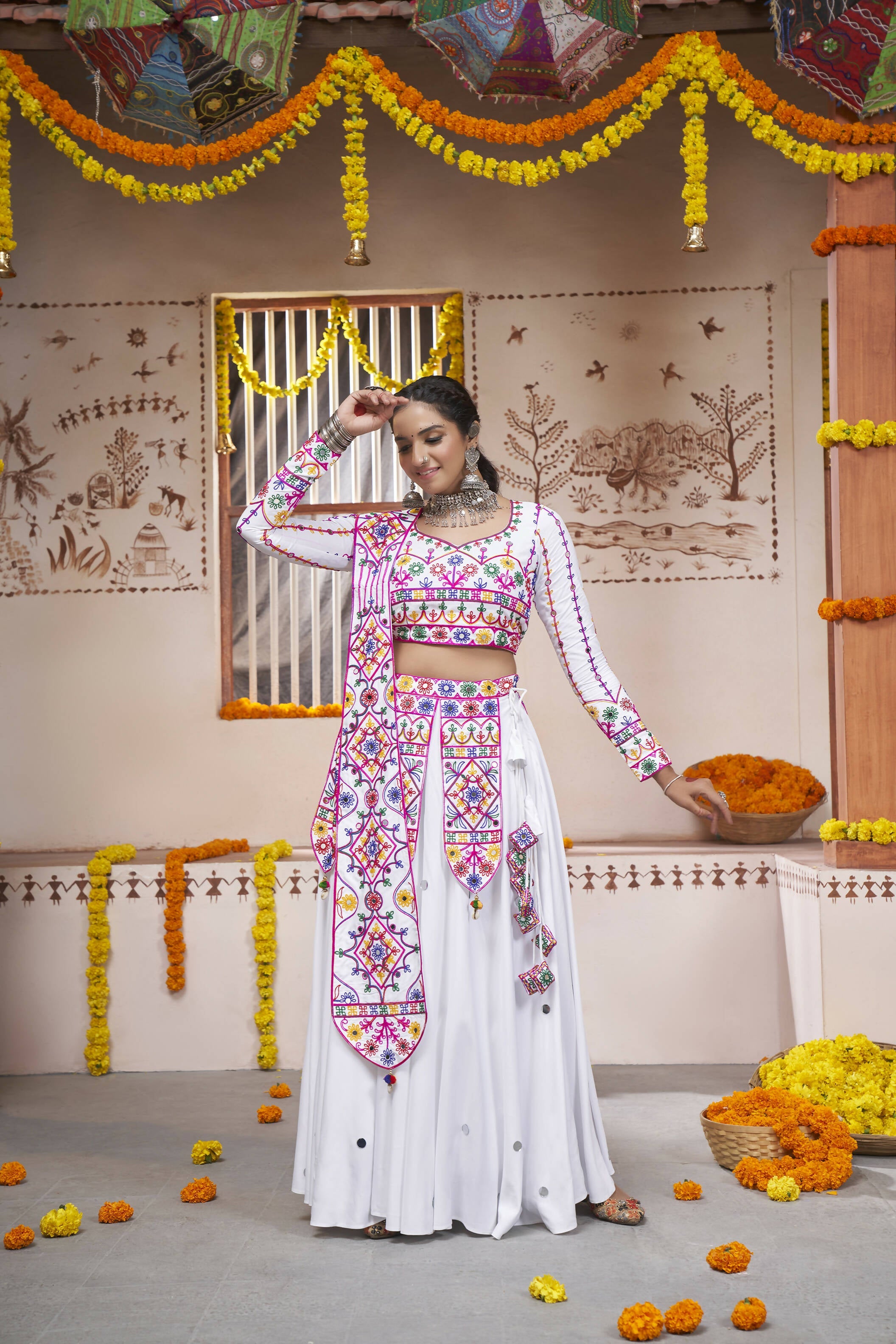 White Viscose Rayon Thread Embroidered with all over mirror work Navratri Lehenga Choli with Dupatta - Raas | Grocsy