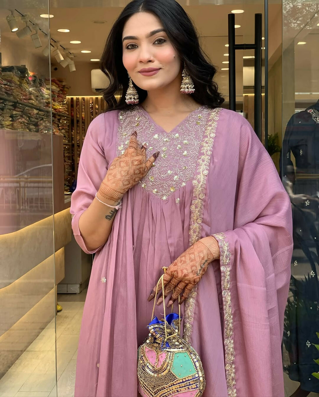 The52 Women's Beautiful Chinon Fabric Embroidery Work Flared Kurta Pant and Dupatta Set | Grocsy