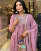 The52 Women's Beautiful Chinon Fabric Embroidery Work Flared Kurta Pant and Dupatta Set | Grocsy