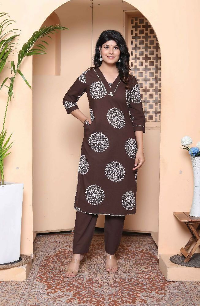 Miravan Womens Brown Animal Printed Kurta With Palazzo | Grocsy
