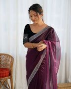 Attrctive Looking Gold Jari, Sequance Embroidery Work Twill Net Party Wear Saree - Wine | Grocsy