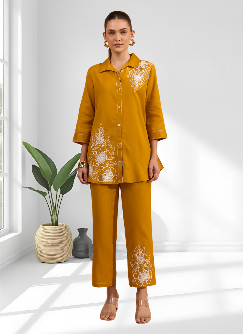 Joban Fashion Mustard Cotton, Linen Embroidered Readymade Cord Set | Grocsy