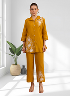 Joban Fashion Mustard Cotton, Linen Embroidered Readymade Cord Set | Grocsy