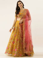 House of Panchhi Mustard Net Semi stitched Coding, Sequins & Saroski Stone Work Lehenga Choli | Grocsy