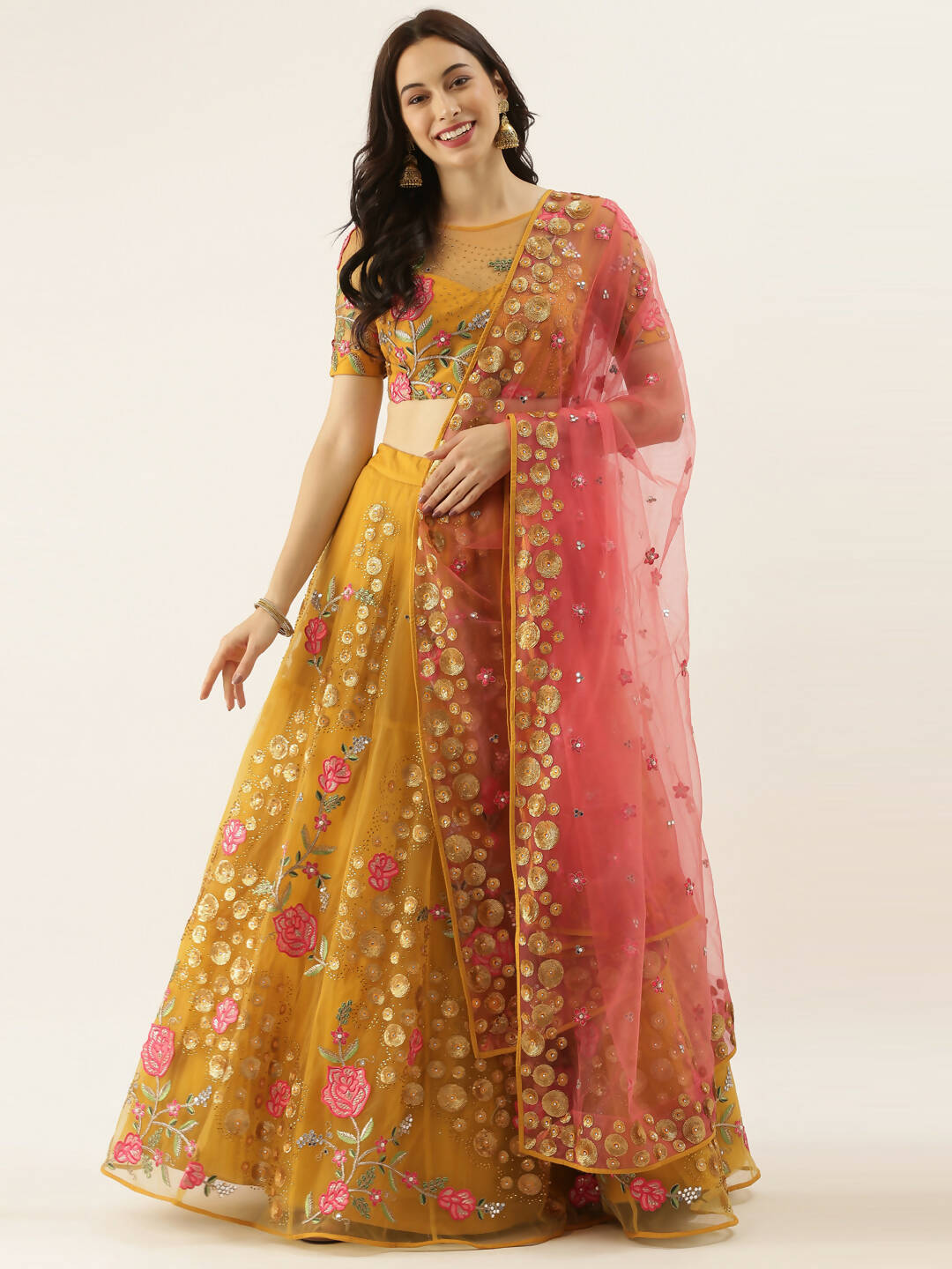 House of Panchhi Mustard Net Semi stitched Coding, Sequins & Saroski Stone Work Lehenga Choli | Grocsy