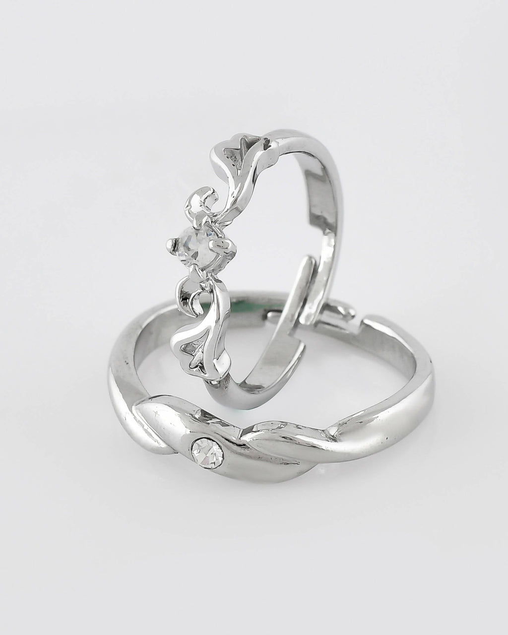 VOJ Stainless Steel Cubic Zirconia Silver Plated Adjustable Ring Set for Couple | Grocsy