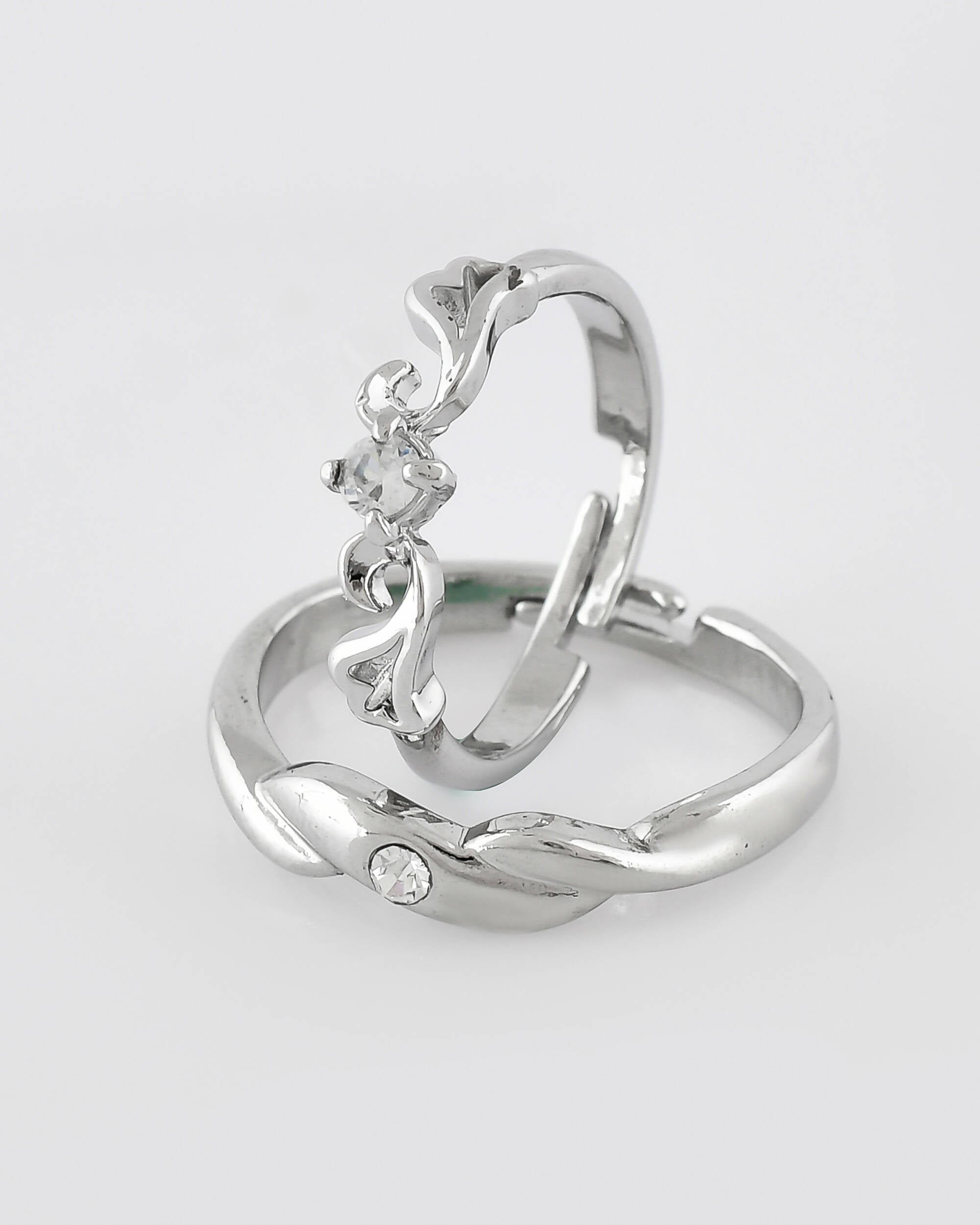 VOJ Stainless Steel Cubic Zirconia Silver Plated Adjustable Ring Set for Couple | Grocsy