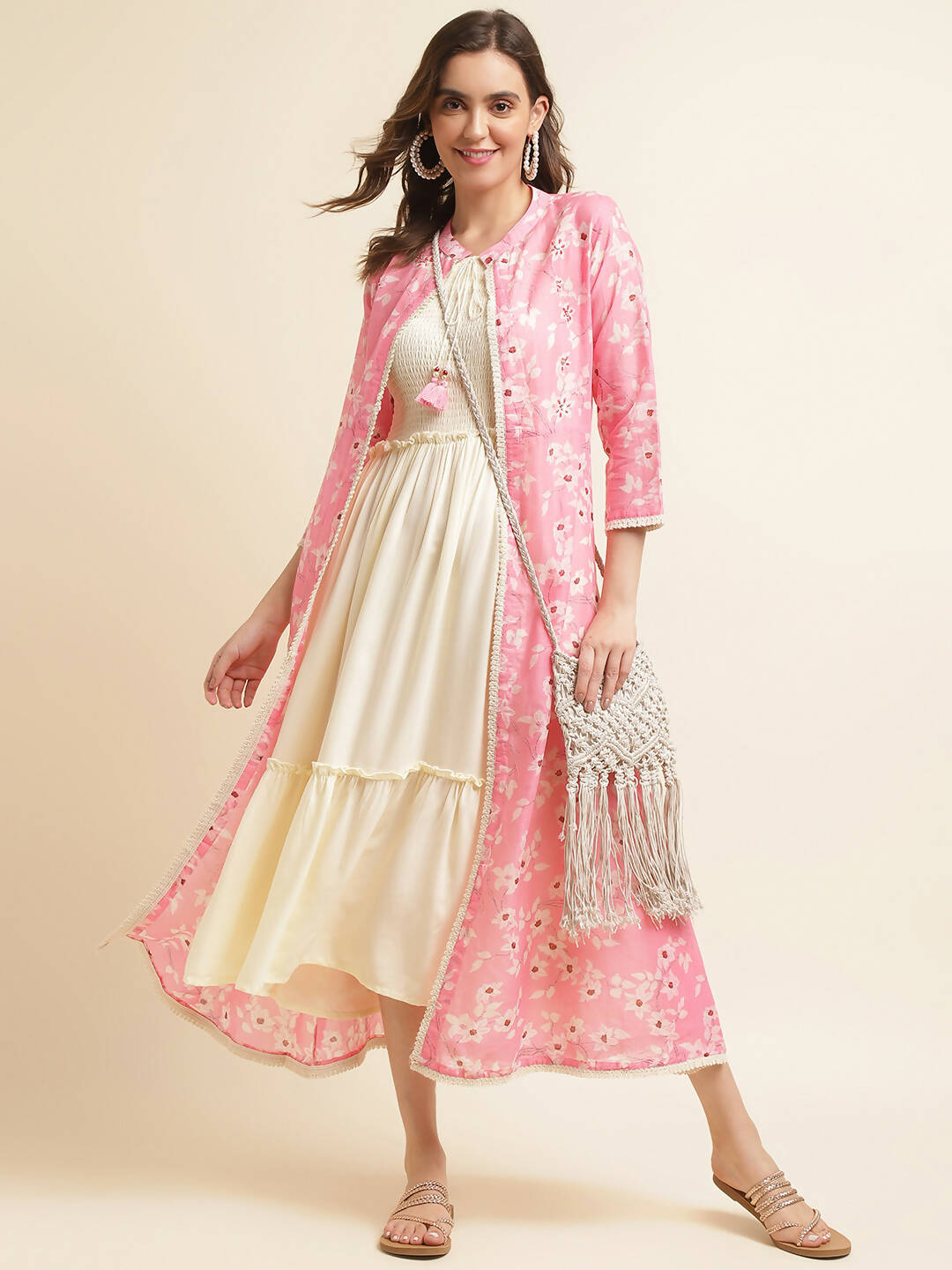 White Cotton Solid Flared Dress with Printed Shrug - Yukti | Grocsy
