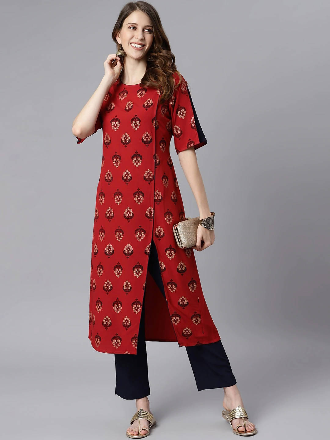 Janasya Women Maroon & Navy Blue Ethnic Motifs Printed Kurta with Trousers | Grocsy