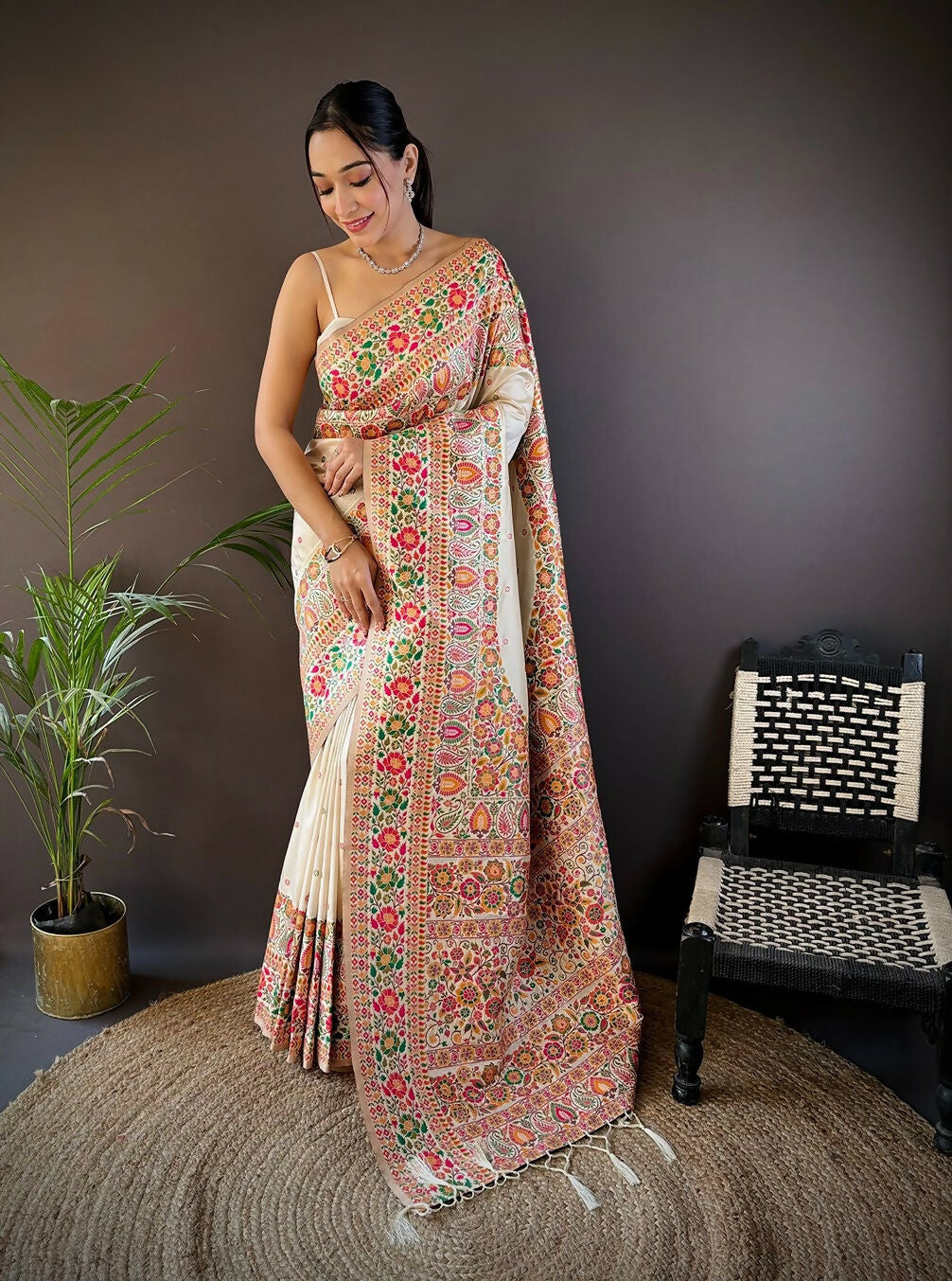 Joban Fashion White Meena Weaves Pashmina Sarees | Grocsy