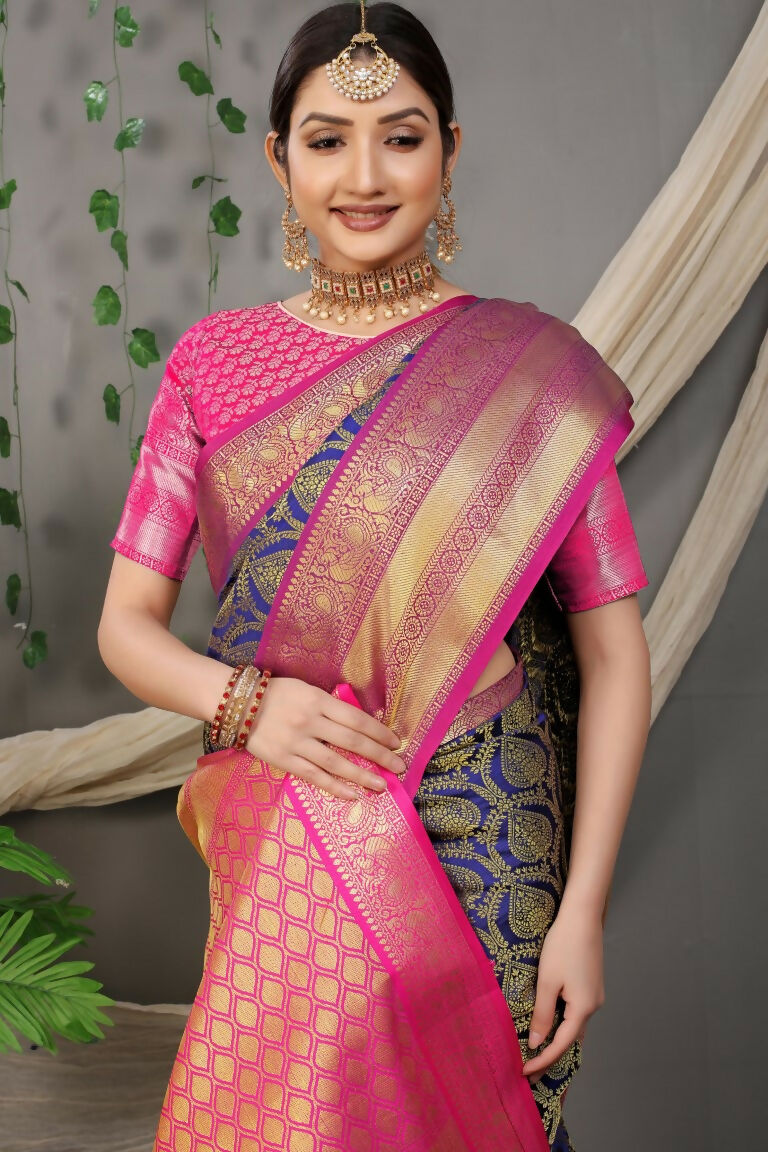 Jyoti Fashion Women's Navy Blue Kanjivaram Silk Zari Woven Saree with Blouse | Grocsy
