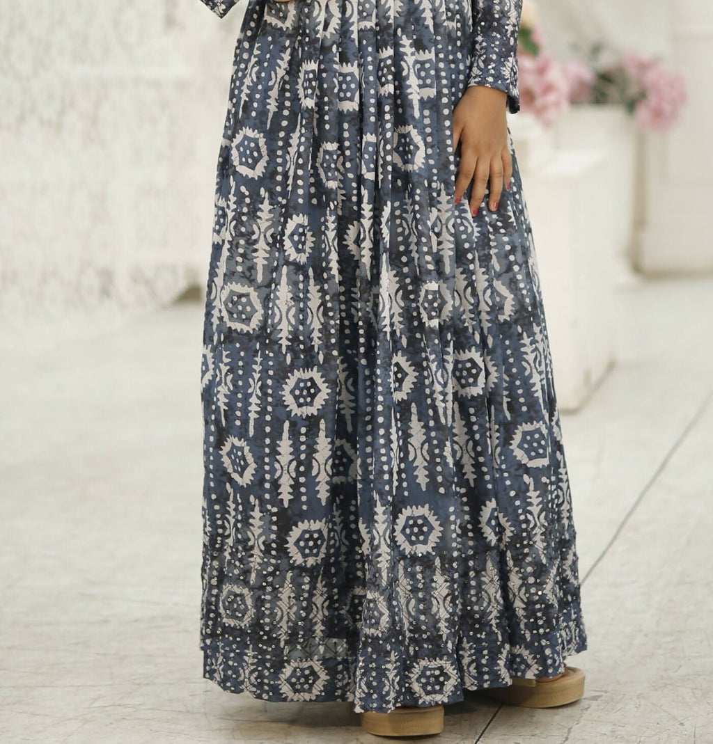 Aayaa Designer Printed Faux Georgette with Embroidery Zari Sequins-work Kids Gown | Grocsy