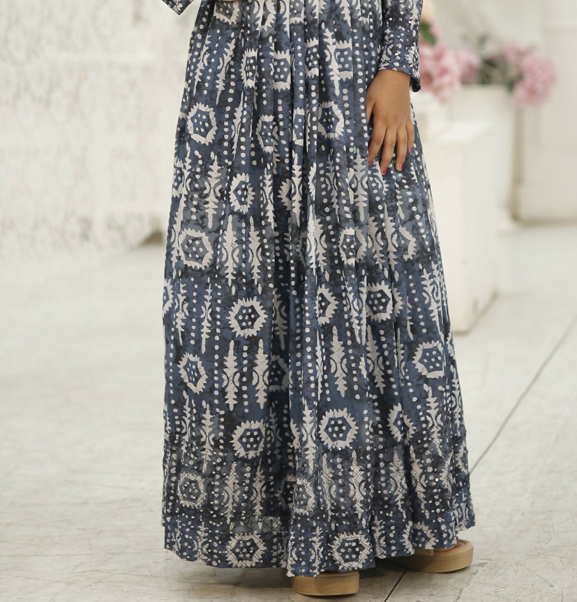 Aayaa Designer Printed Faux Georgette with Embroidery Zari Sequins-work Kids Gown | Grocsy