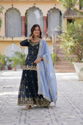 Vastranavya Faux Blooming with Sequins Embroidered Kurti, Palazzo & Dupatta - Teal | Grocsy