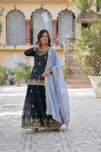 Vastranavya Faux Blooming with Sequins Embroidered Kurti, Palazzo & Dupatta - Teal | Grocsy