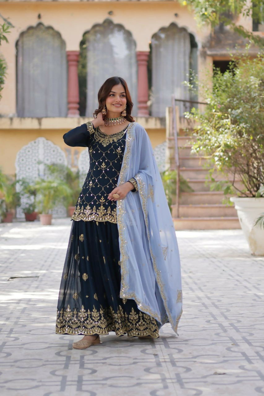 Vastranavya Faux Blooming with Sequins Embroidered Kurti, Palazzo & Dupatta - Teal | Grocsy