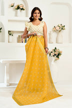 Vastranavya Yellow Digital Printed Linen Ready To Wear Designer Saree with Unstitched Blouse | Grocsy