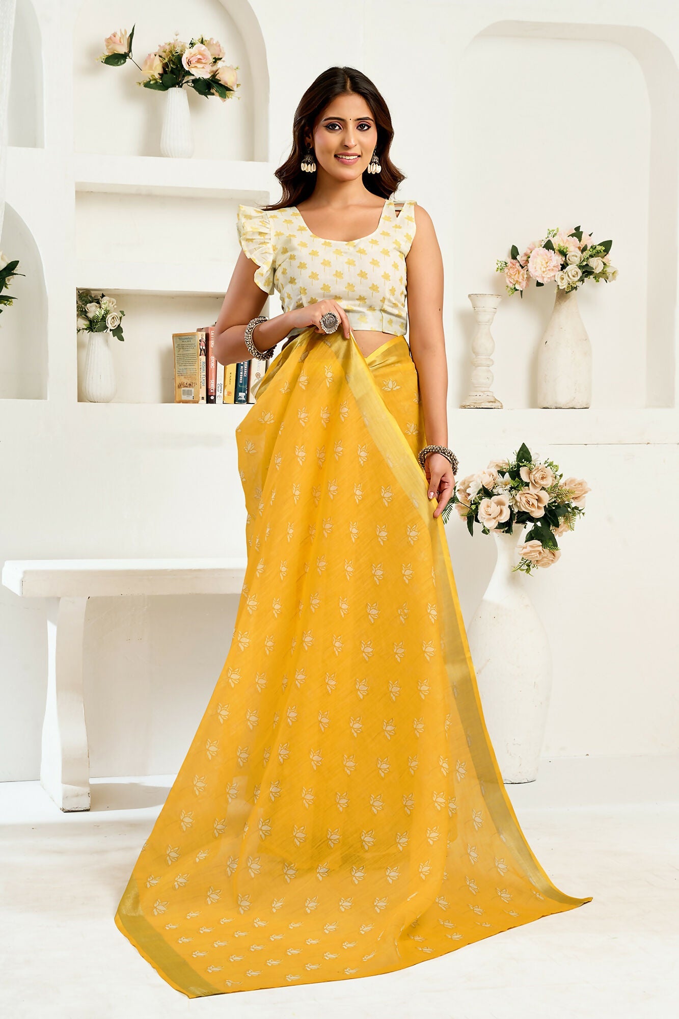 Vastranavya Yellow Digital Printed Linen Ready To Wear Designer Saree with Unstitched Blouse | Grocsy