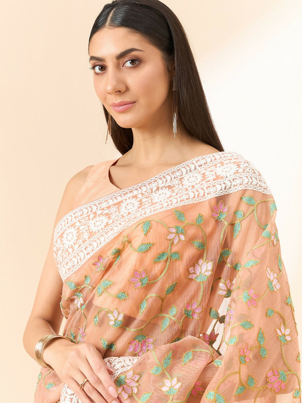Peach Organza Floral Embroidered Saree with Unstitched Blouse Piece - Roozal | Grocsy