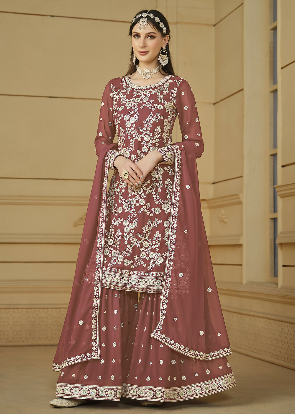 Rust Brown Embroidered Georgette Gharara Style Suit - Emponline | Grocsy
