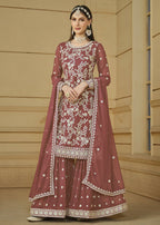 Rust Brown Embroidered Georgette Gharara Style Suit - Emponline | Grocsy