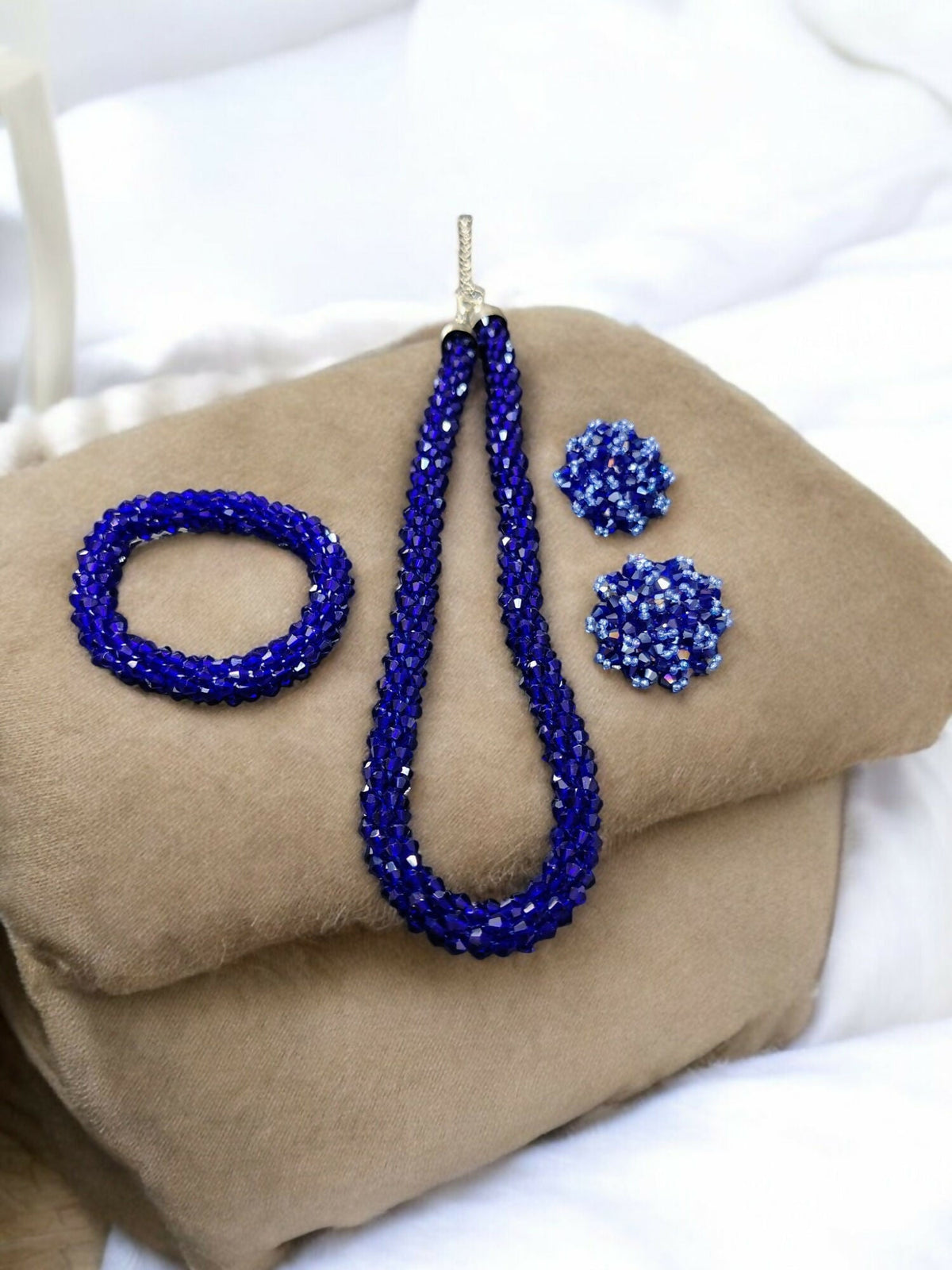 Inhanns Complete Look Crystal Statement 3-Piece Set (Adjustable Necklace + Earrings + Adjustable Bangle ) - Blue | Grocsy