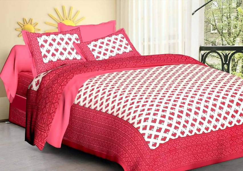 Vamika Printed Cotton White & Pink Bedsheet With Pillow Covers (LEOC_BRFI_P) | Grocsy