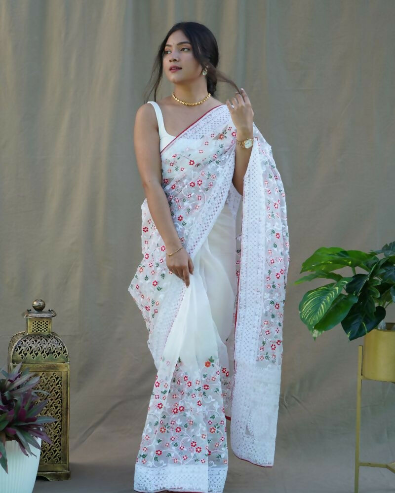 Vamsee Sombi Box White Organza Saree | Grocsy