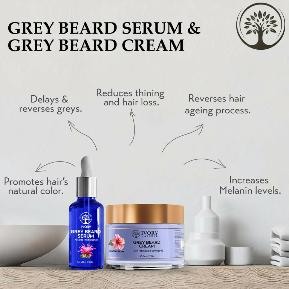 Ivory Natural Grey Combo For Beard - Serum & Cream For Rejuvenates Natural Beard Shade And Supports Natural Black Color | Grocsy