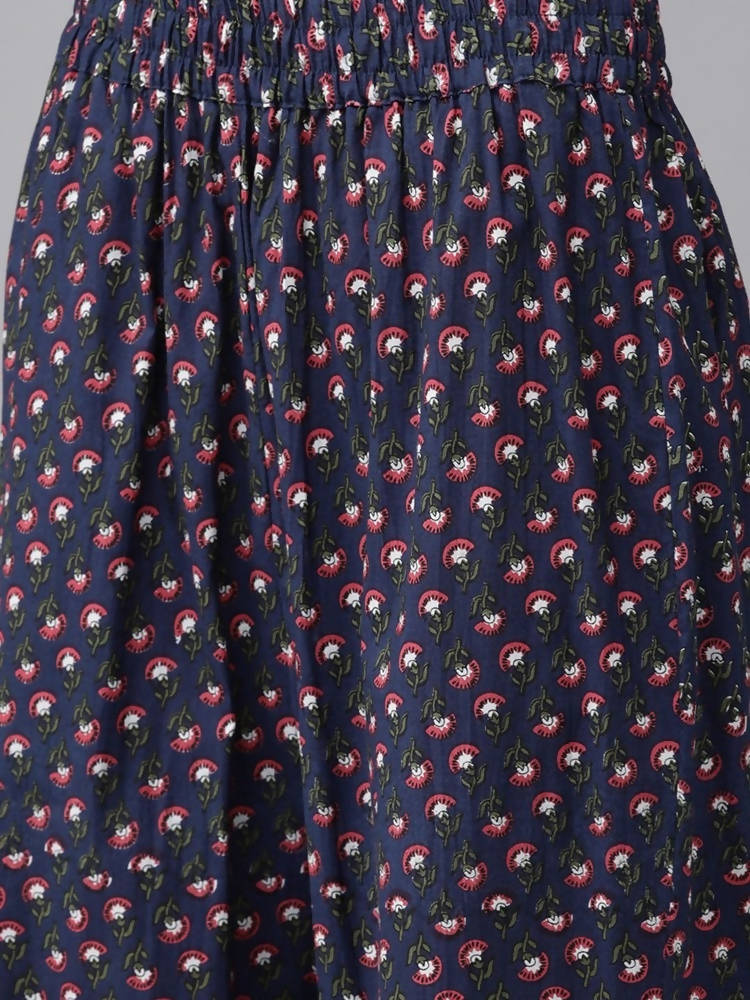 Yufta Women Navy Blue & Pink Ethnic Motifs Printed Pure Cotton Kurta with Trouser | Grocsy