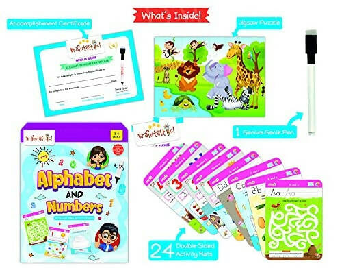 Braintastic Educational Game: Alphabet & Numbers(3-6 yrs)/Write & Wipe Activity Sheets/Kids Toys/34 pcs Free Puzzle | Grocsy