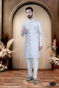 Joban Fashion Men's Grey & White Cotton Silk Kurta with Pyjama | Grocsy