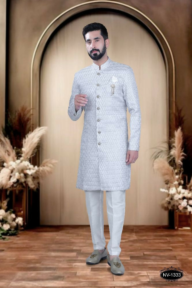 Joban Fashion Men's Grey & White Cotton Silk Kurta with Pyjama | Grocsy