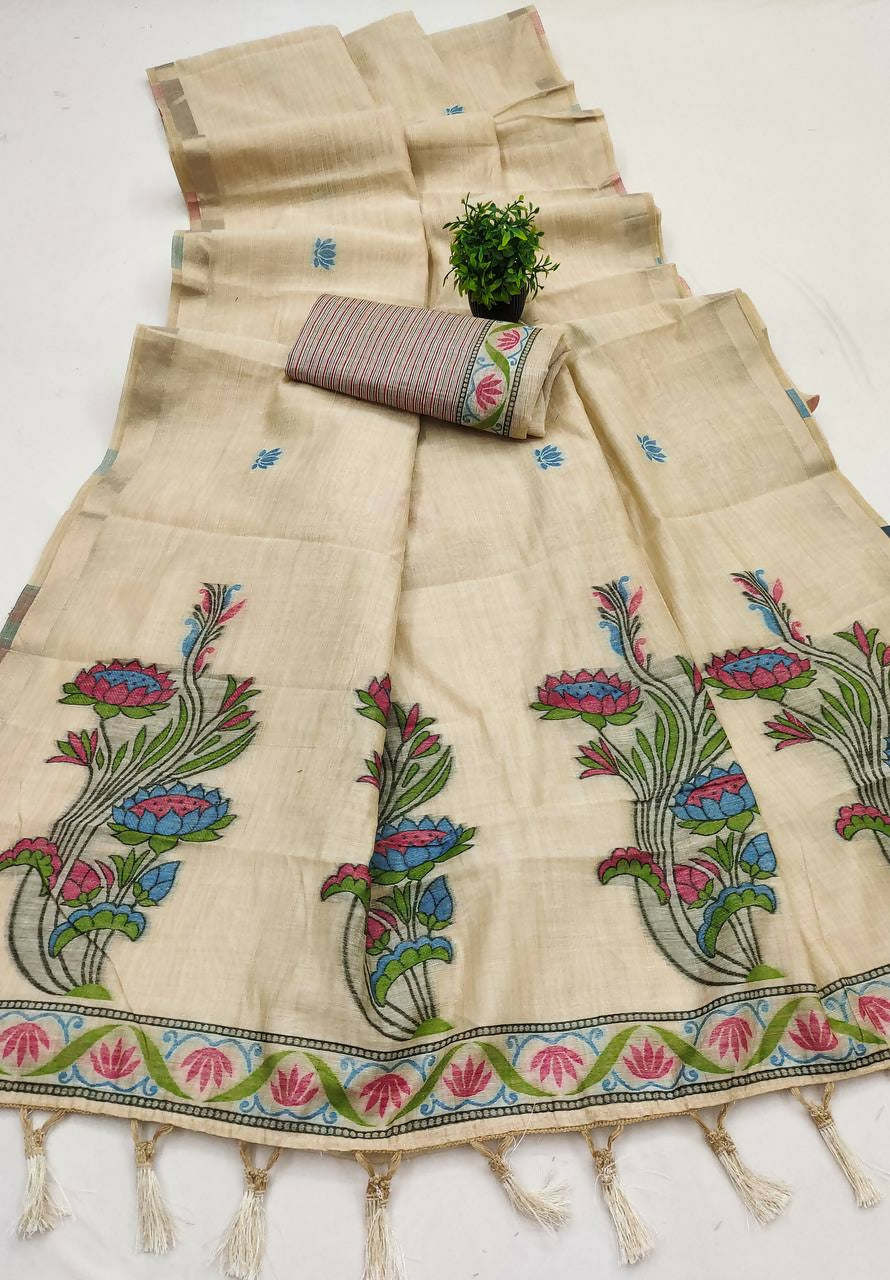 Vastranavya Cream Muga Cotton Meenakari & Azarakh Pallu Saree with Contrast Blouse | Grocsy