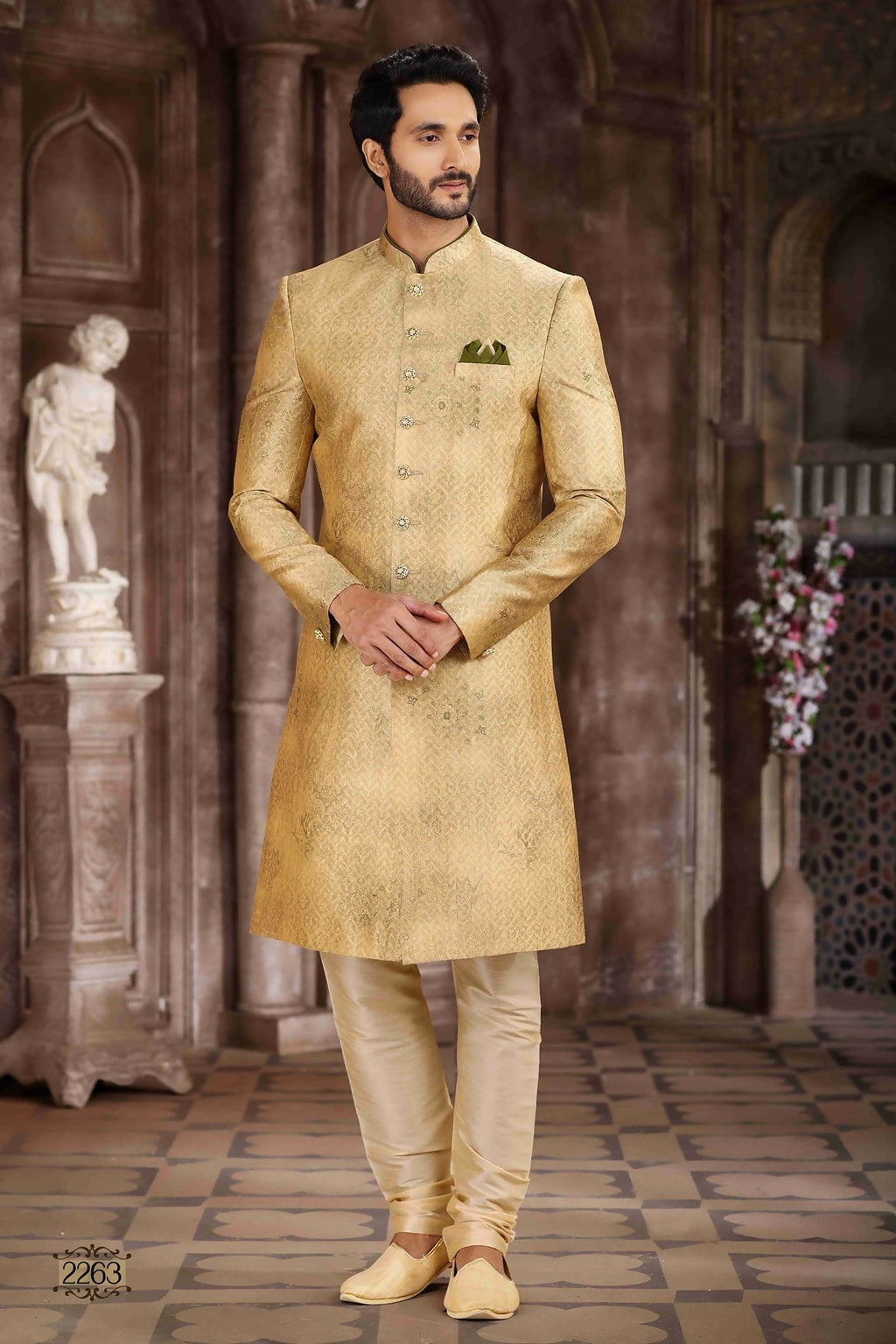 Raivat Ethnic Art Silk Digital Print Sherwani In Yellow Colour | Grocsy