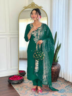 The52 Women Gorgeous Roman Silk Fabric Straight Kurta, Pant and Dupatta Set | Grocsy
