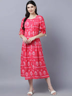 Myshka Women's Pink White Ethnic Motifs Printed Maxi Dress | Grocsy