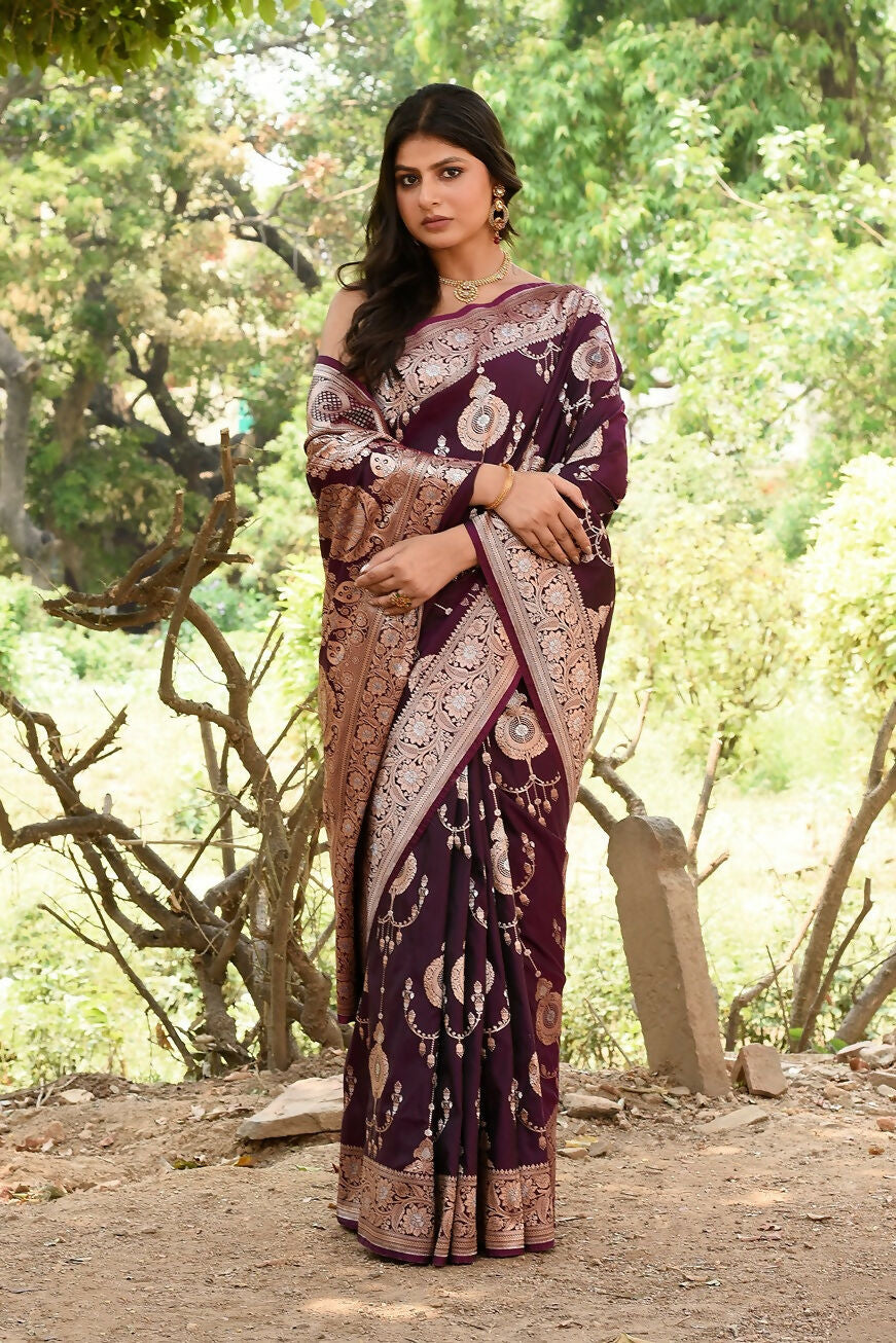 Joban Fashion Wine Banarasi Soft Pure Handloom Banarasi Silk Saree | Grocsy