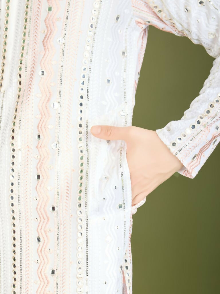 Vastranavya White Exclusive Festival Wear Pure Viscose Rayon Sequence & Foil Mirror Heavy Embroidered Work Kurta | Grocsy