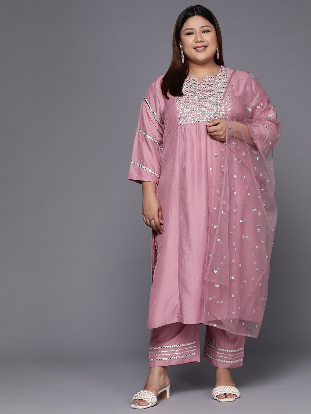 Sztori Plus Size Ethnic Motifs Embroidered Mirror Work Straight Kurta & Trousers & Dupatta | Grocsy