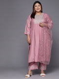 Sztori Plus Size Ethnic Motifs Embroidered Mirror Work Straight Kurta & Trousers & Dupatta | Grocsy