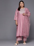 Sztori Plus Size Ethnic Motifs Embroidered Mirror Work Straight Kurta & Trousers & Dupatta | Grocsy