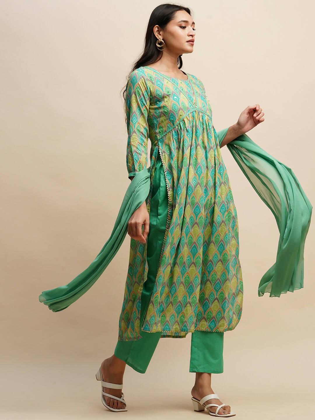 Sea Green Pure Cotton Bandhani Printed Naira Cut Kurta And Bottom With Dupatta - Akashara | Grocsy