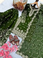 Teeya Creation Green Pure Silk Gimmy Silk Heavy Embroidery Work Wedding Wear Palazzo Pair | Grocsy