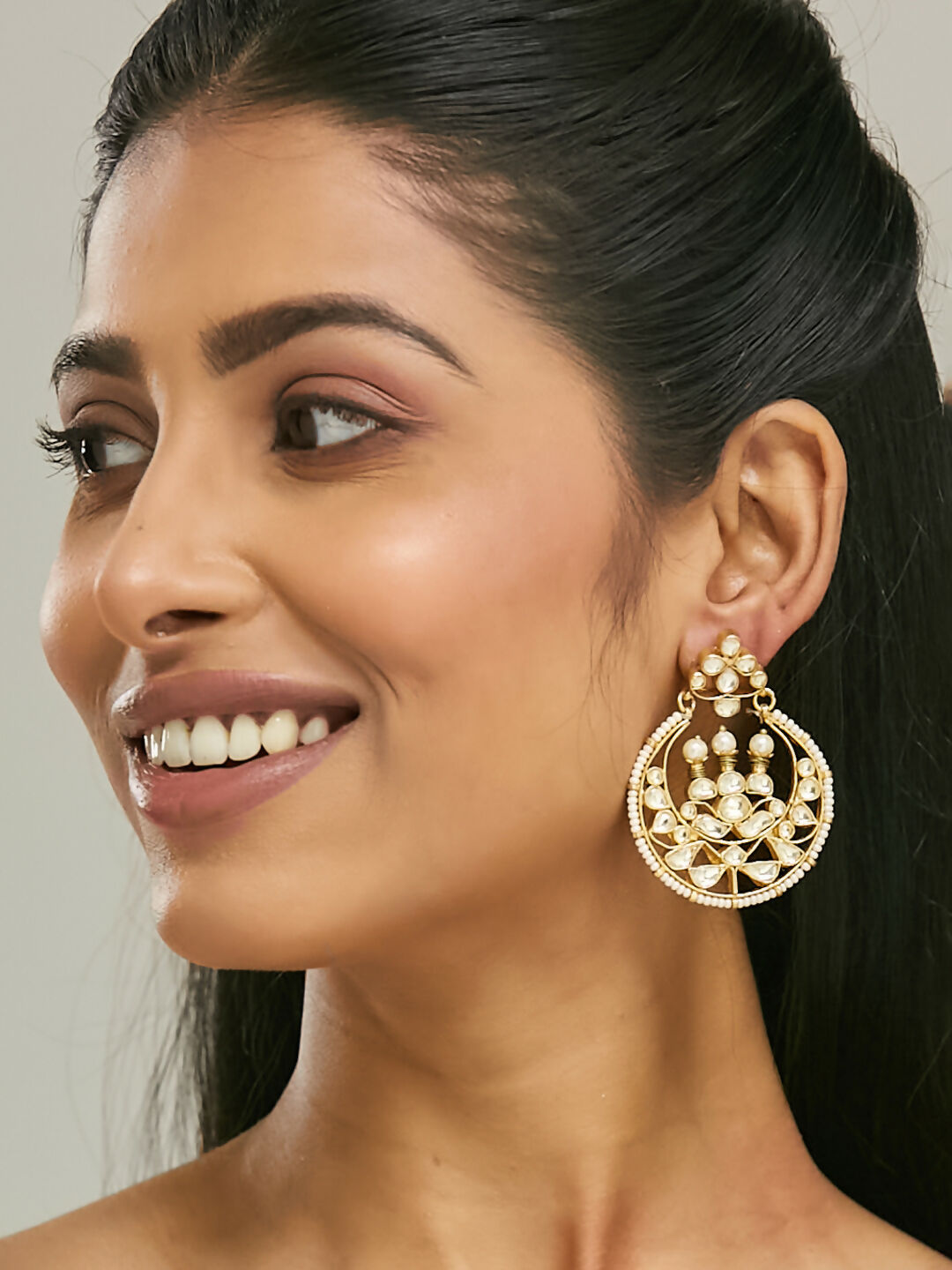 Nuyug 22K Gold-Plated Elegant Kundan Stone Studded & Pearl Beaded Chandbalis | Grocsy
