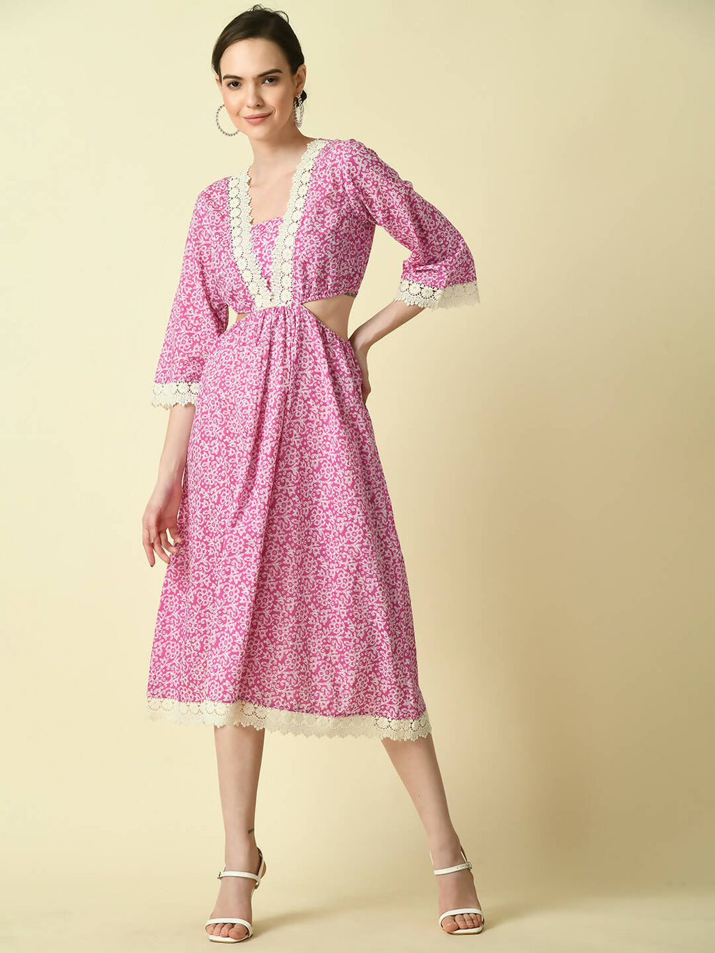 Myshka Women's Pink Floral Printed Fit and Flare Dress | Grocsy
