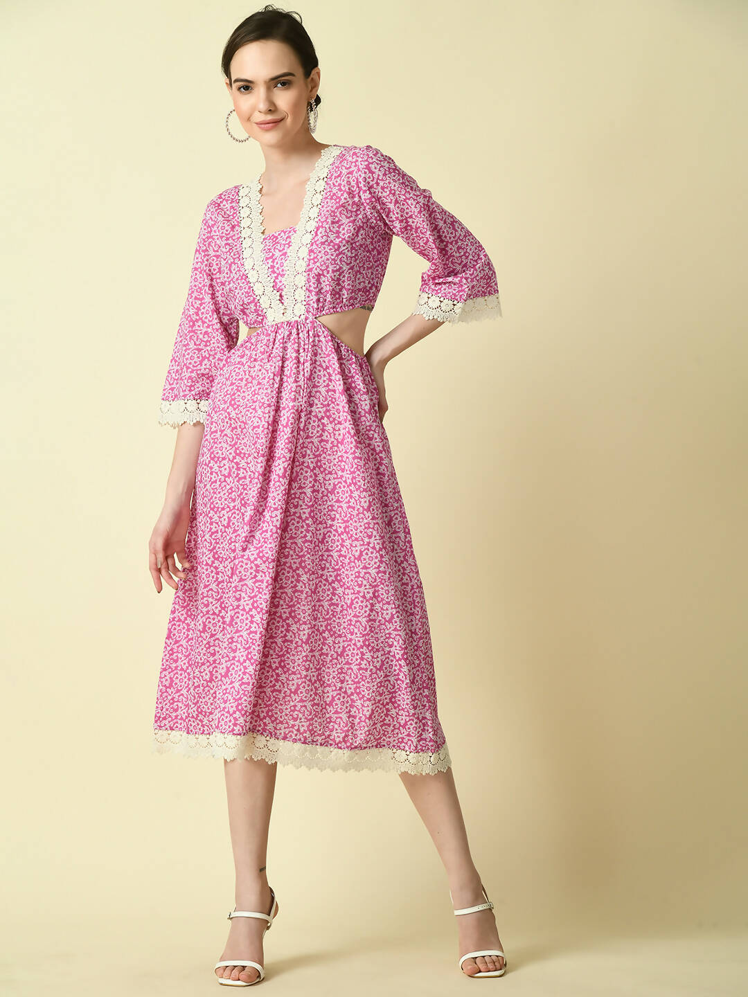 Myshka Women's Pink Floral Printed Fit and Flare Dress | Grocsy
