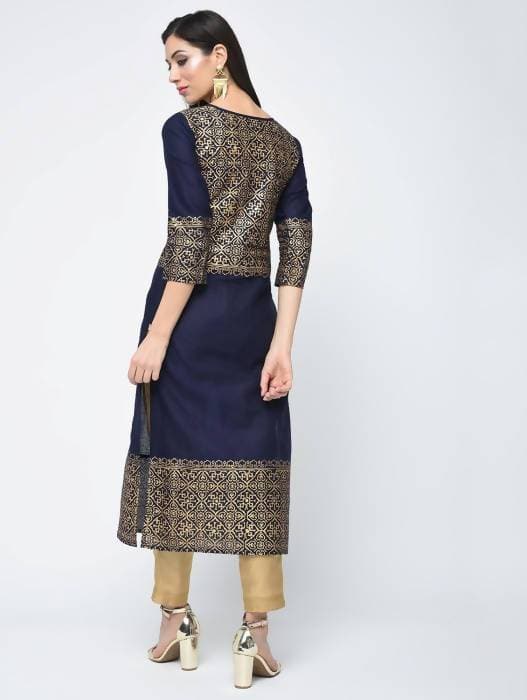 Aniyah Cotton Block Printed Navy Blue Latest Straight Kurta (AN-133K) | Grocsy