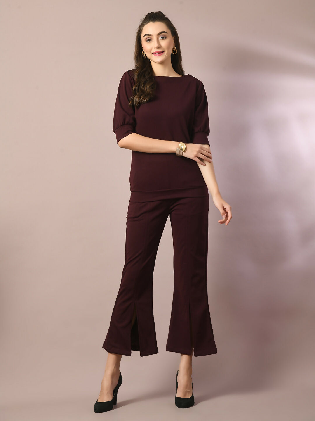 Myshka Women's Coffee Brown Solid Boat Neck Party Top With Trousers Co-ord set | Grocsy