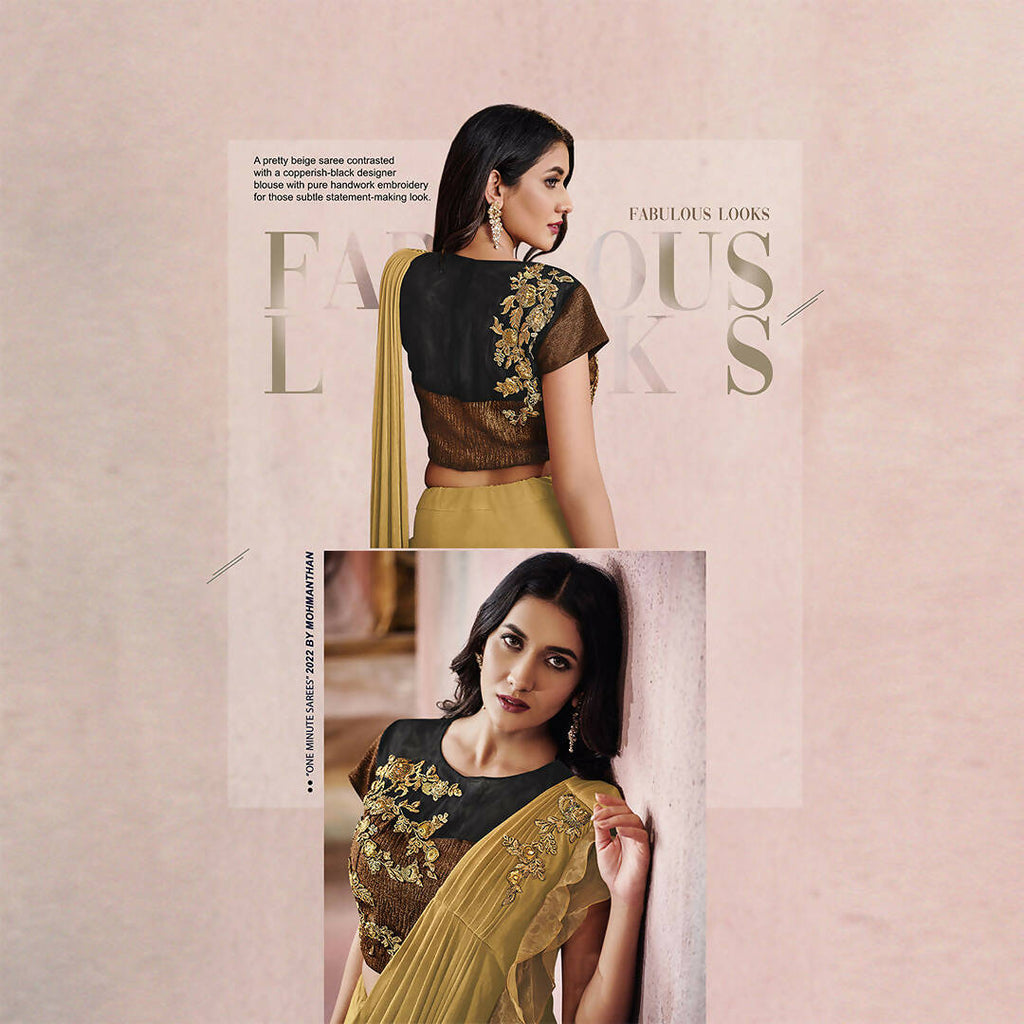 Beige Lycra Embroidery Designer Saree With Blouse - Mohmanthan Sitaarah | Grocsy
